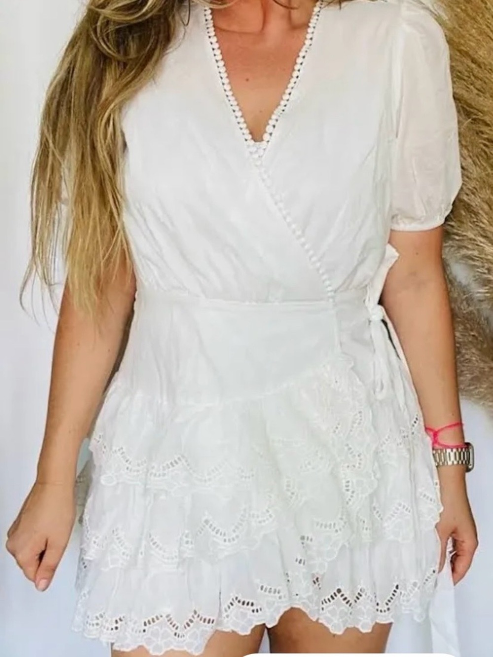 MARBLE White Lace Wrap Mini Dress